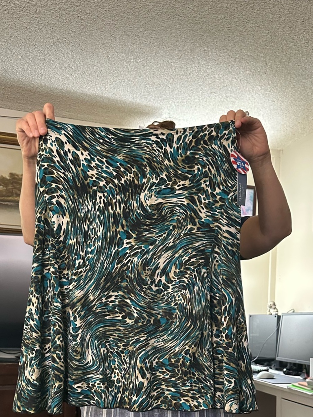Swirl Animal Print A-Line Skirt in Teal, Black & Cream